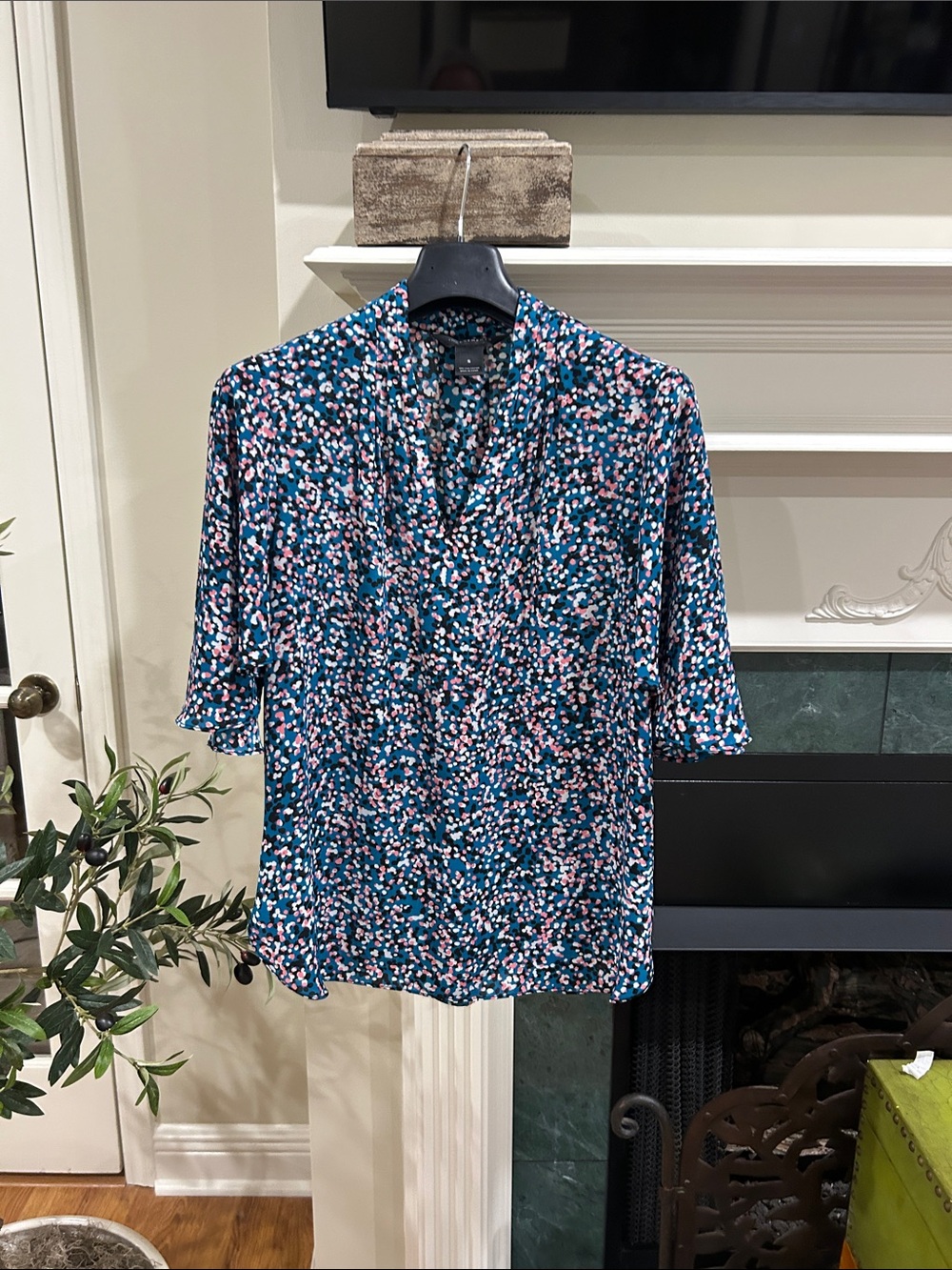 Investments Teal Pink Black Dot Print Blouse
